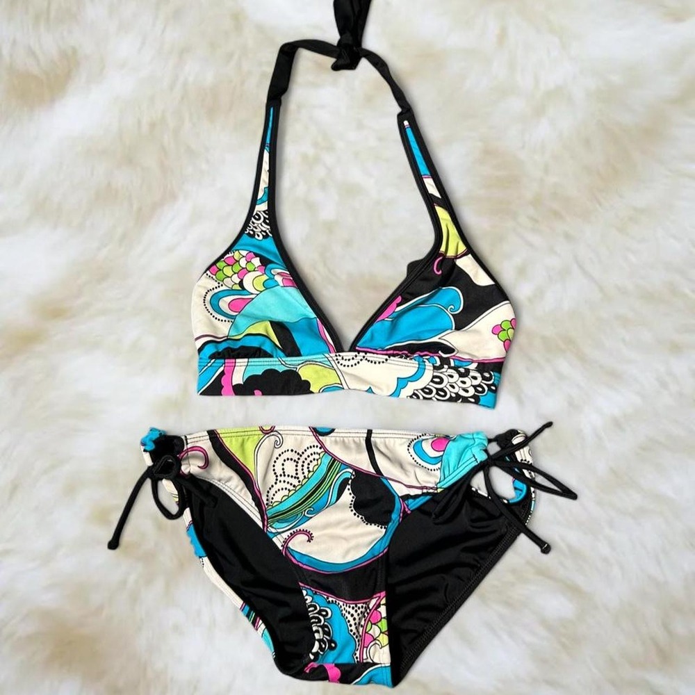 Vintage Y2K Colorful Paisley Print String Bikini Set Halter Two Piece Swimsuit M